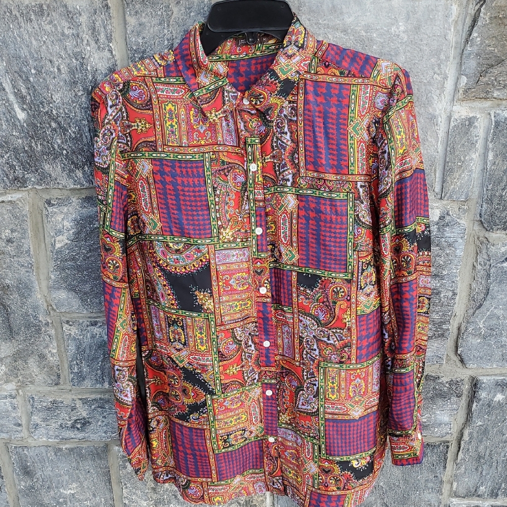 J McLaughlin Multicolor Paisley Patchwork Silk Blouse Medium